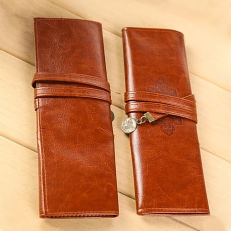 Vintage Roll PU Leather Pencil Case Twilight Pen Pouch Student Stationery Woman Cosmetic Storage Bag Pencilcase
