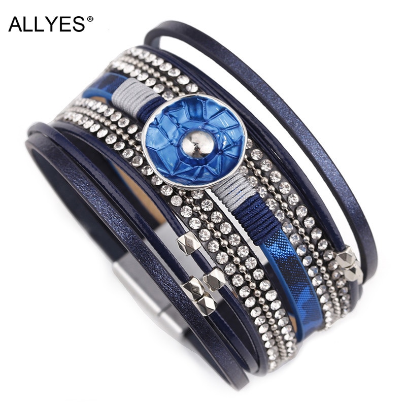Allyes Blue Enamel Metal Charm Lederen Armbanden Voor Vrouwen Vrouwelijke Multilayer Wrap Brede Armband Femme Sieraden