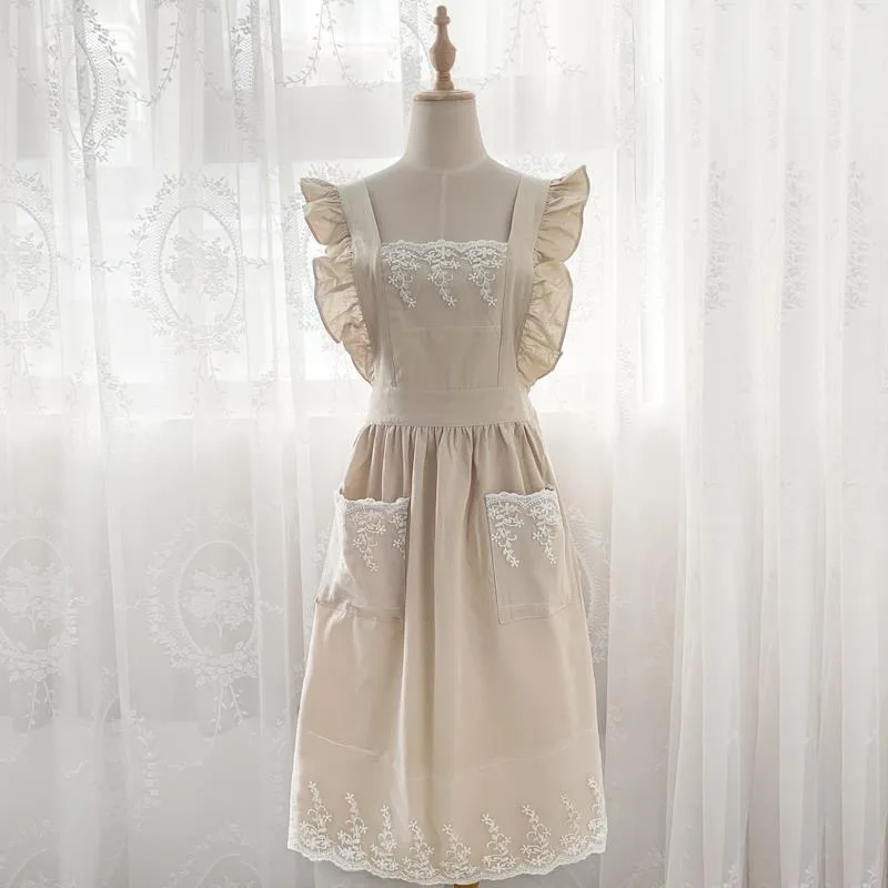 Drophanging-renda de linho algodão lavada Aventais, loja de flores, babados de jardim, avental para mulher, vestido: Branco