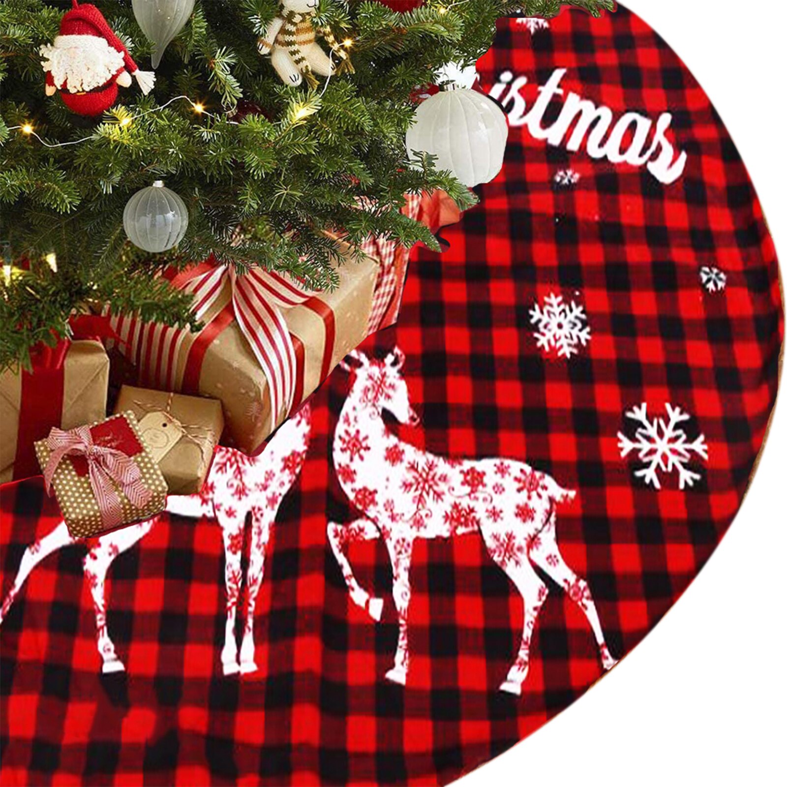 Juletræsnederdel, store buffalo plaid xmas træmåtter med snefnug rensdyrsprint til dekoration til hjemmefest