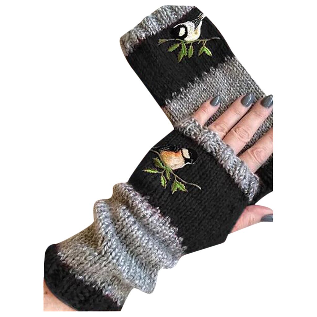 Adult Fingerless Gloves Half Finger Knitted Mittens Winter Bird Print Soft Unisex Gloves Women Wrist Guantes Mittens: Black