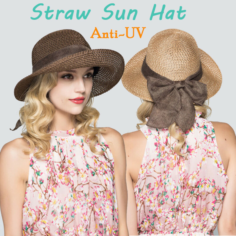 Vrouwen Dames Casaul Boho Floppy Zomer Brede Rand Lint Lace Up Strooien Hoed Strand Zon Opvouwbare Cap