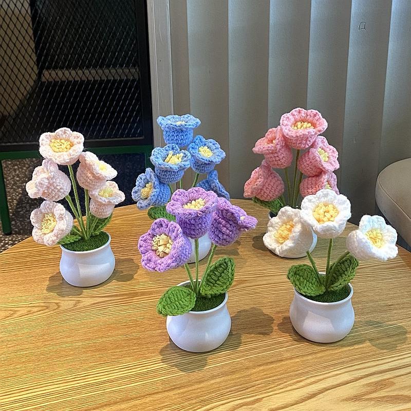 Diy håndlagde heklede blomster i potte ferdig vevd bukett kunstig strikket blomst valentinsdag hjemmedekor skrivebord