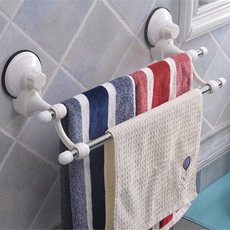 18.5 Inch Double Bars Suction Cup Towel Rail Holder Storage Racks Wall Mounted ABS Bathroom Organizer Kitchen Hotel