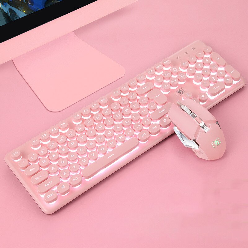 Recharging Wireless Keyboard Gaming Mechanical Feeling Keyboards RGB Backlit 2.4g Wireless Mouse 2400dpi Pc Gamer Keypad Punk: pink N white LED