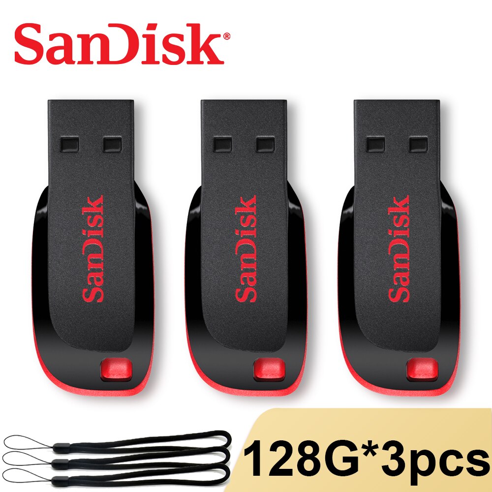 SanDisk Cruzer Blade USB 2.0 Flash Drive 128GB 64GB 32GB 16G Pendrive Original Sandisk Memory Stick SDCZ50 Flash Disk USB2.0: 128G - 3pcs