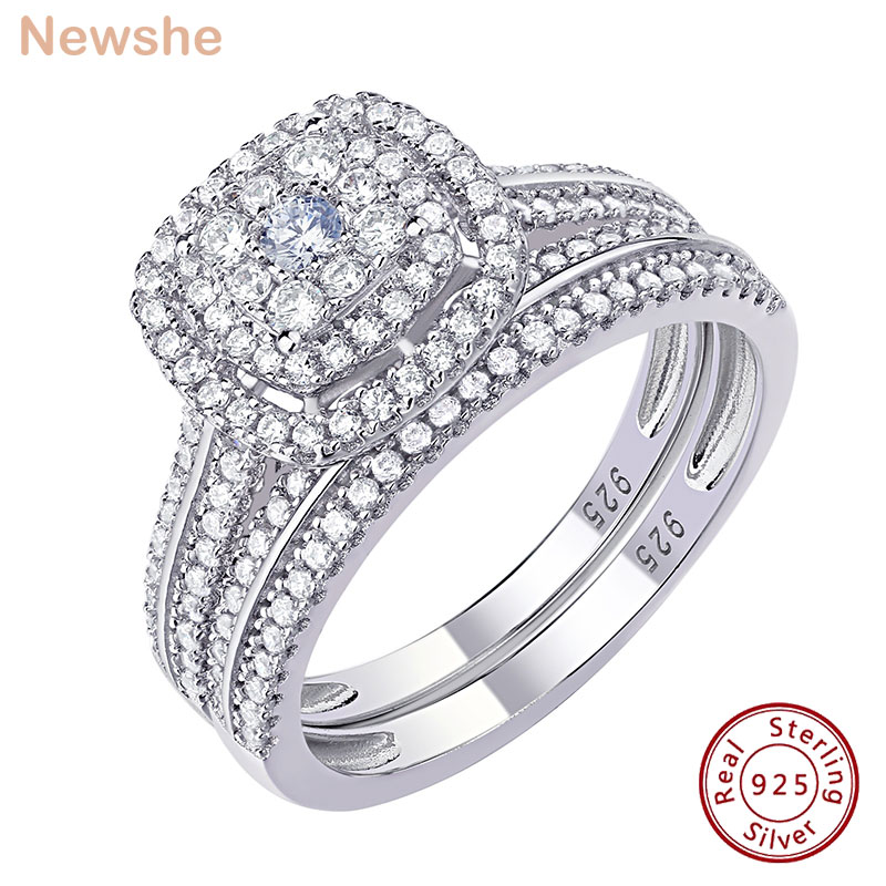 Newshe 2 Stücke Eheringe für Frauen Solide 925 Sterling Silber Verlobungsring Braut Set 1,6 Karat Halo Rundschliff AAAAA Zirkon