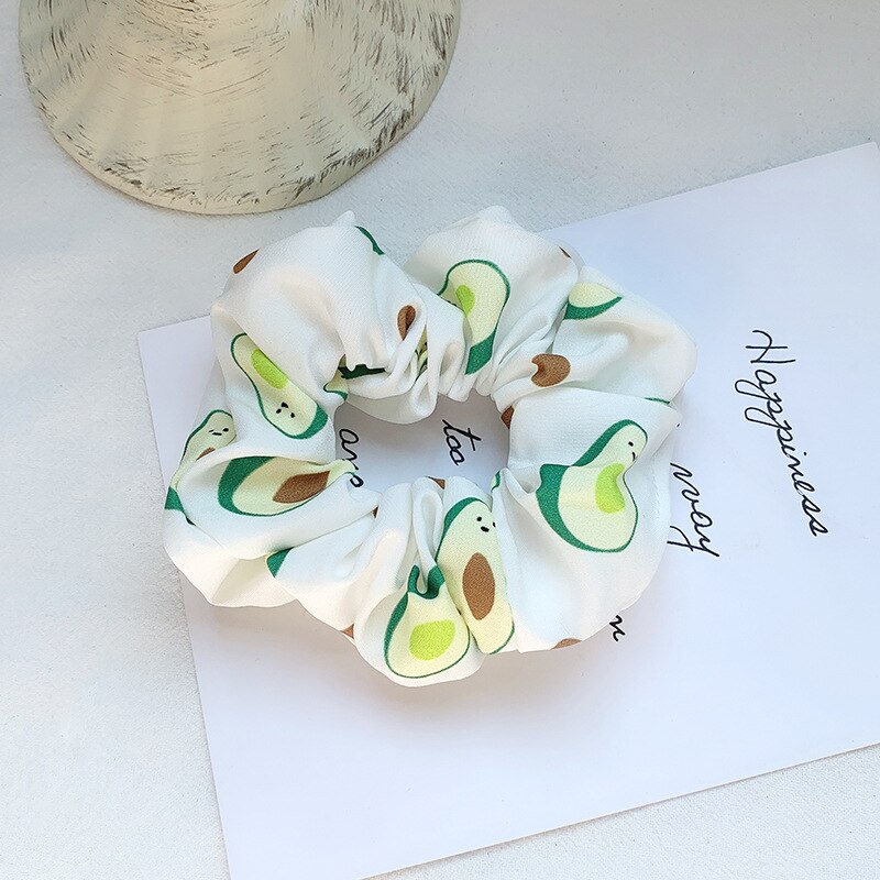 Afrodite satin scrunchie avocado mønster gummibånd hårbånd elastisk pandebånd kvinder piger hestehaleholder hår tilbehør: Hvid
