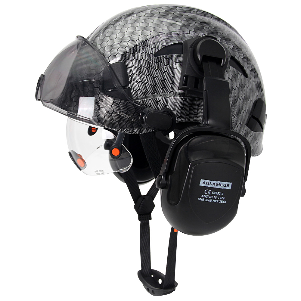 Schutzhelm mit Visiere, integrierte Schutzbrille, verbesserte Ohrenschützer-Rauschunterdrückung für Ingenieure, ABS-Schutzhelm, ANSI-Industrie-Arbeitskappe