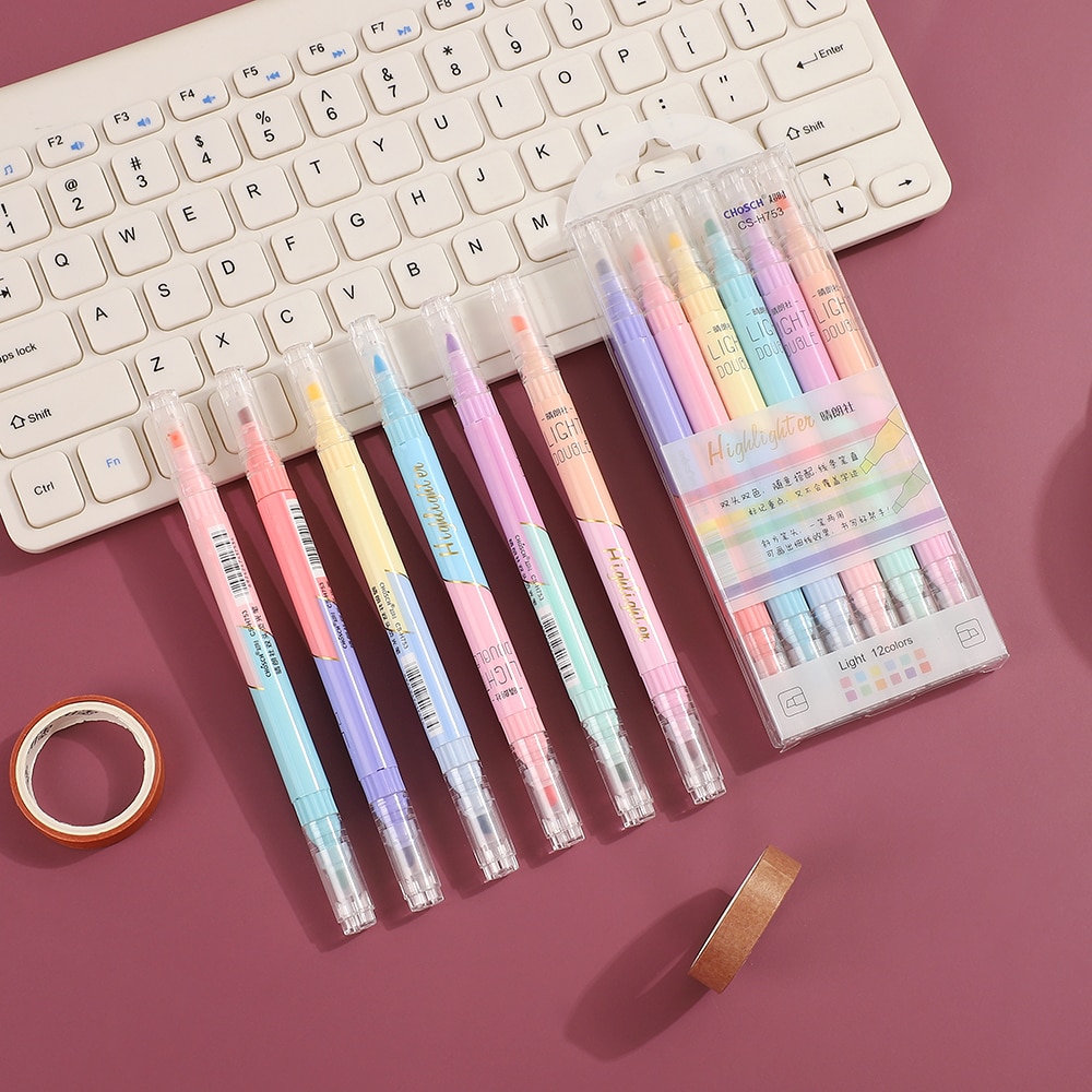 Jianwu 6 Stks/set Tweekoppige 12 Kleur Markeerstift Snoep Kleuren Studenten Schrijven Mark Journal Pennen Kawaii Schoolbenodigdheden