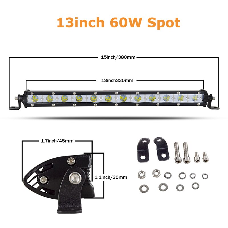 7&quot; 13&quot; 20&quot; 25&quot; 32&quot; 38&#39;&#39; Straight Slim LED Light Bar Single Row 60W 90W 120W 150W 180W For SUV 4WD ATV Off Road LED Work Light: 13inch Spot Beam