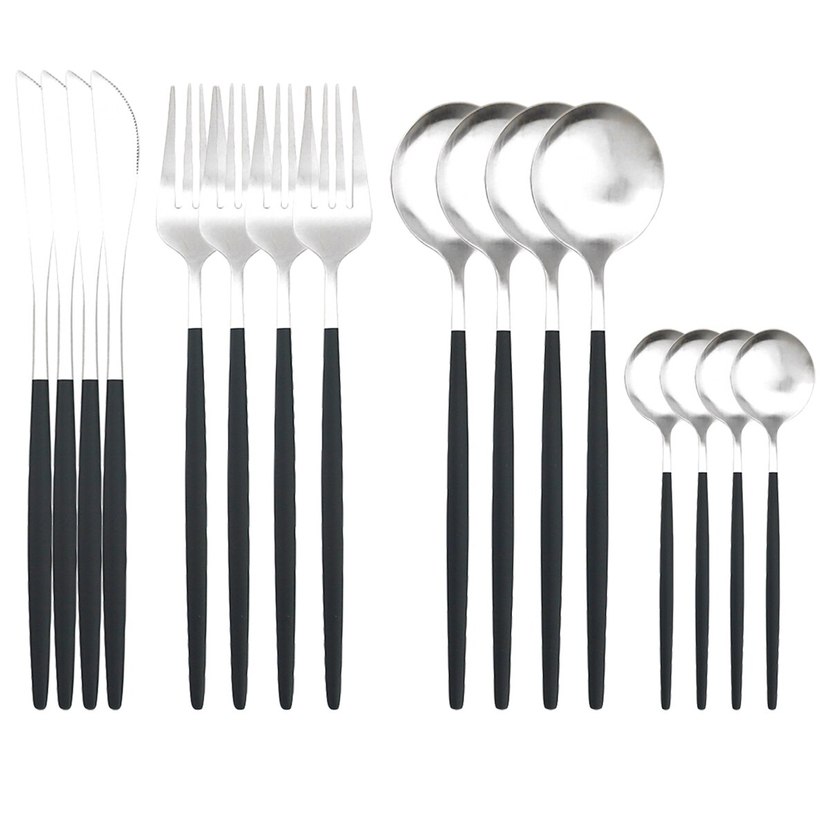 4Set/16Pcs Red Gold Dinnerware Cutlery Set Western Knives Fork Tea Spoon Dinner Tableware Stainless Steel Kitchen Silverware Set: Black Silver