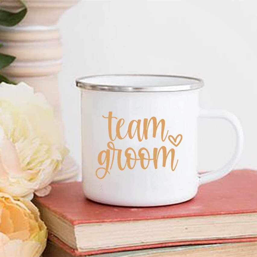 Team Bride Team Groom Printed Enamel Mug Bachelorette Party Coffee Mugs Wine Handle Cups Wedding Maid of Honor Best Man: XH3610-A015WH-8