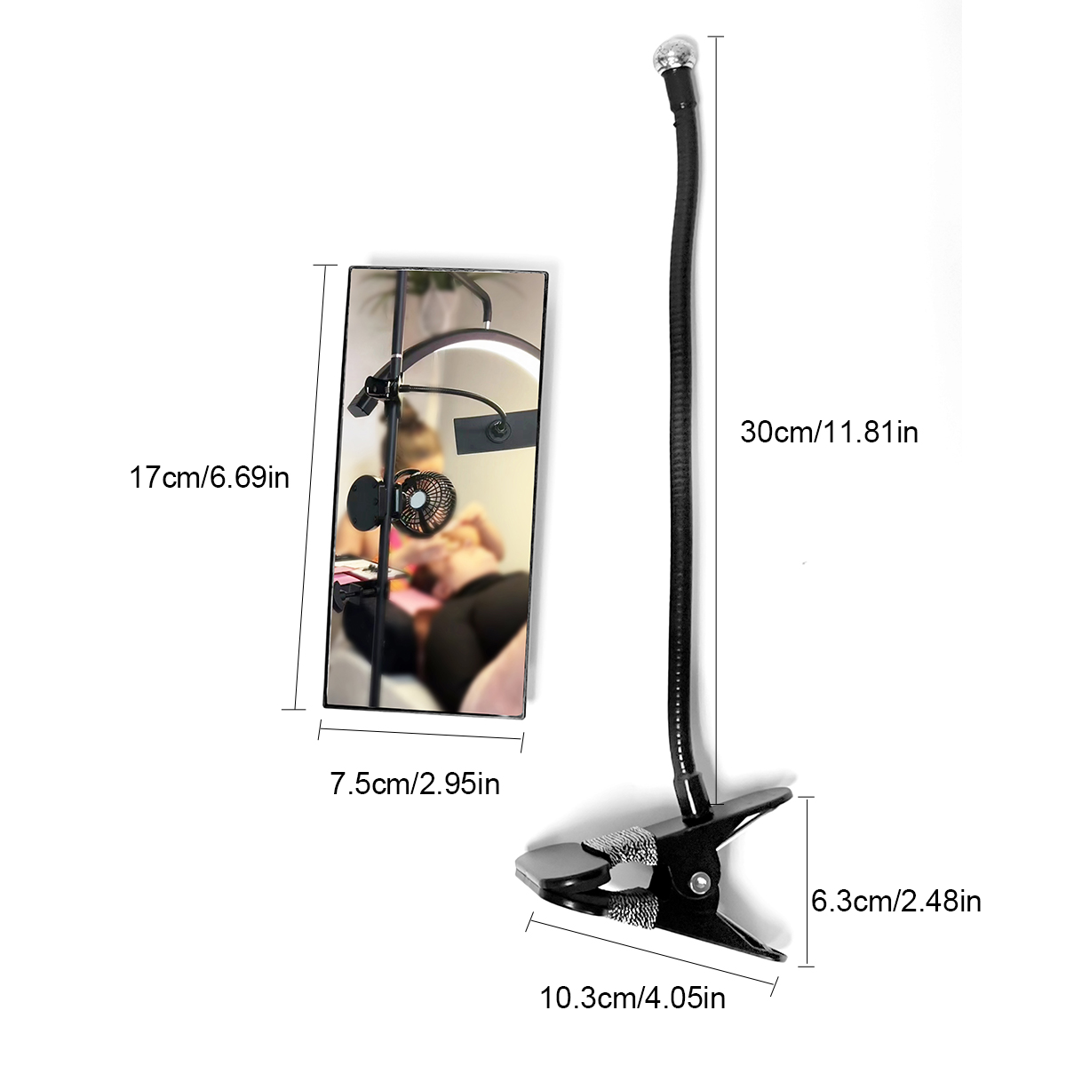 1Pc Clip On Mirror For Eyelash Extension With Protective Frame , Black 360°Metal Stem With Convex Mirror , Office Safety Stere