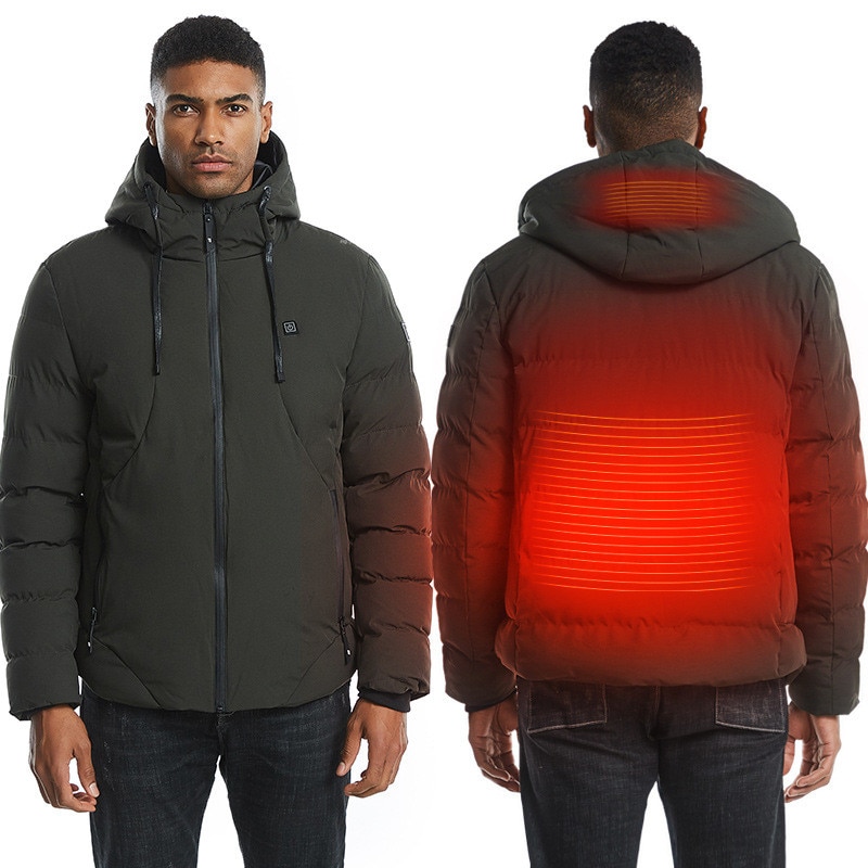 Buitenjas voor heren en dames, verwarmde jas met lange mouwen, verwarmde jas met capuchon, warme winterthermische kleding, waterdichte ski-jas