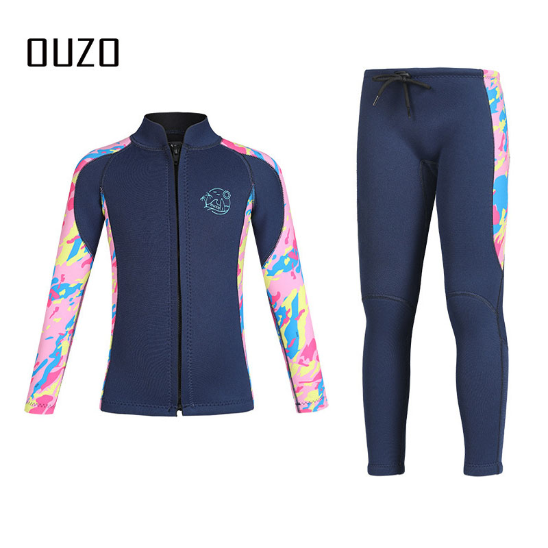 Kinder Wetsuit Top Jack + Broek Voor Jongens Meisjes Jeugd, Kinder Natpak Shirt Neopreen 2.5Mm Lange Mouw Rits Badpak Met Rits Aan De Voorkant: L / GRIJS