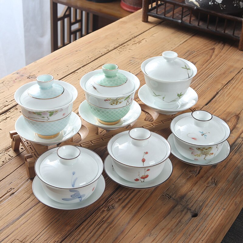 Kinesisk håndlavet keramik gaiwan hvid porcelæn kontor te kop bærbar rejse te skål håndmalet kung fu te sæt drikkevarer