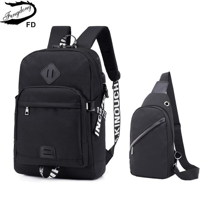 Fengdong adolescent garçons sac à dos scolaire anti-vol simple sacs d'école pour hommes mot de passe serrure sac à dos pour ordinateur portable usb sac de poitrine set sac à dos: black