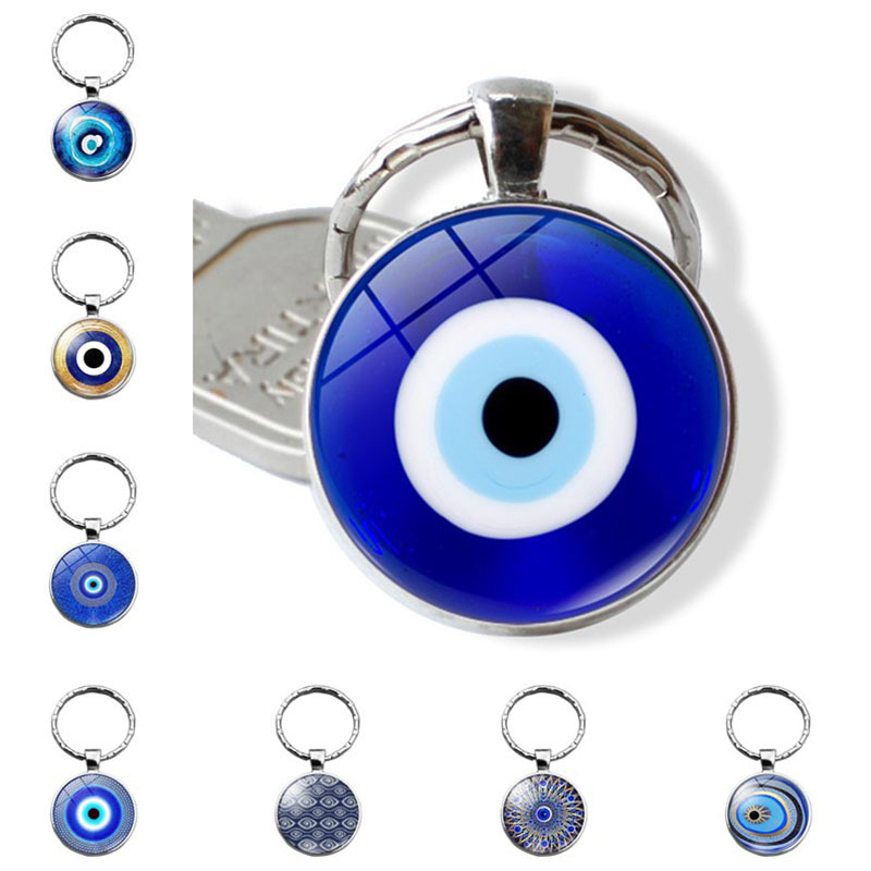 Beautiful Blue Evil Eye Religious Photo Round Glass Keychain Pendant Keyring Eyelash Big Evil Women Men Jewelry