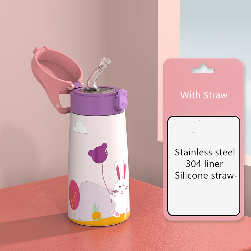 Termo de acero inoxidable con dibujos animados para niños, botella de agua de , 350ml/500ml: 500ml / Pink With Straw