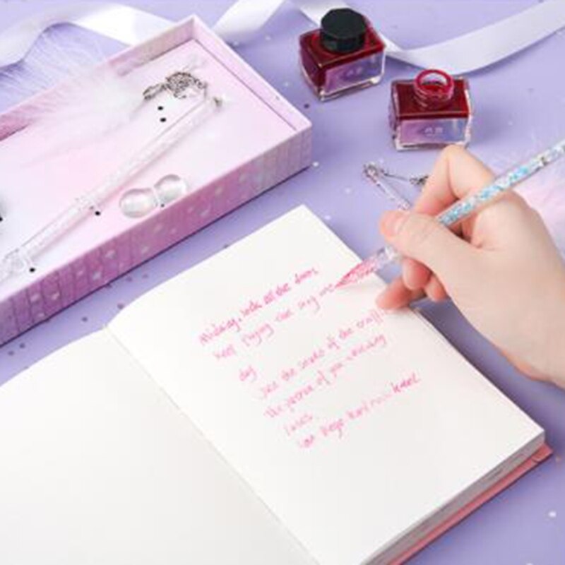 Glass Dip Pen Fountain Pen Exquiste Crystal Style Ink Pens Kit with 15ml Ink Bottle for Women Men Birthday Stationery