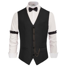 PJ Men 1920s Gangster Costume Vest Set Waistcoat+Pocket Watch+Bow-Tie+Arm Band Halloween Parties Single Breasted V-Neck Waistc
