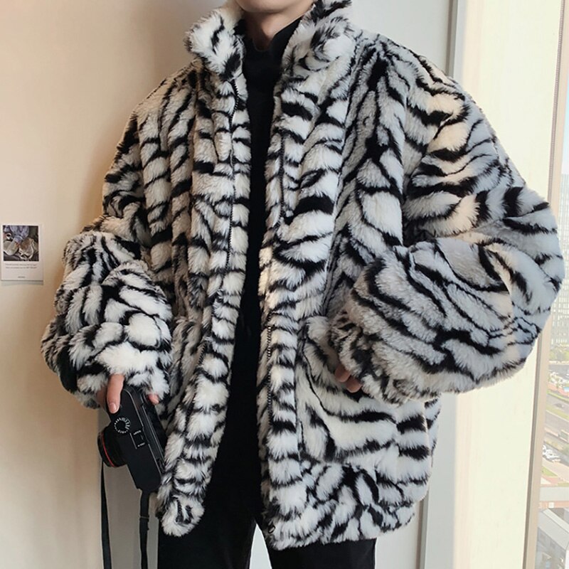 Chaquetas de Parkas gruesas con rayas de leopardo para hombre, abrigo de invierno de piel sintética para hombre, Bolsillos de solapa con cremallera, ropa de abrigo
