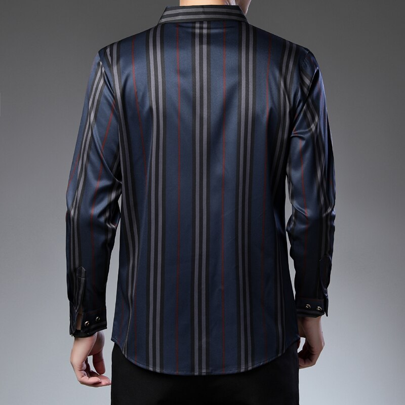 Luxury Silk Shirts Thin Long Sleeve Striped Dress Shirts Men Korean Casual Slim Fit Camisa Masculina C846