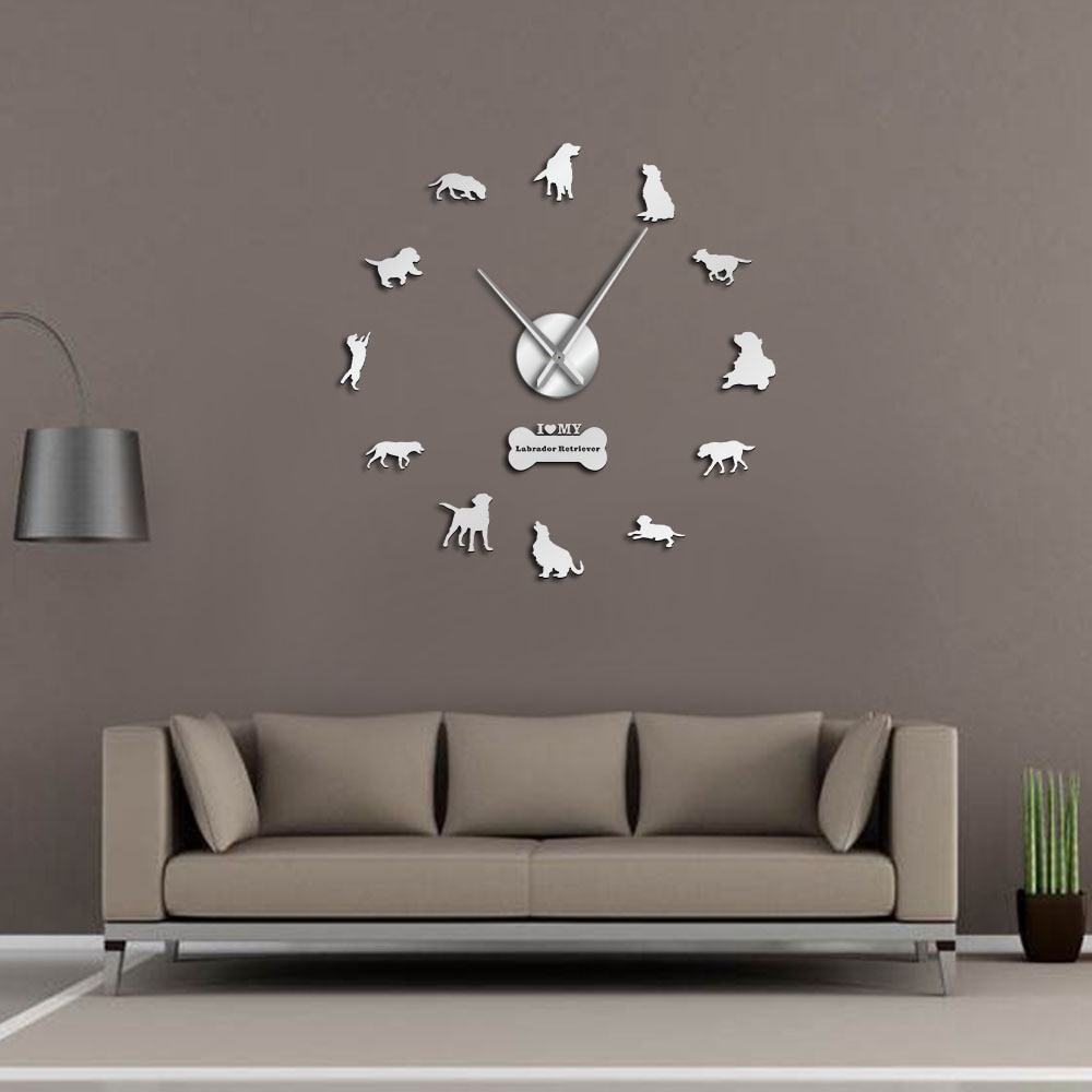 The Labrador Retriever Large Frameless Silent Wall Clock Dog Breed DIY Wall Art With Mirror Acylic Sticker Mirror Effect Sticker