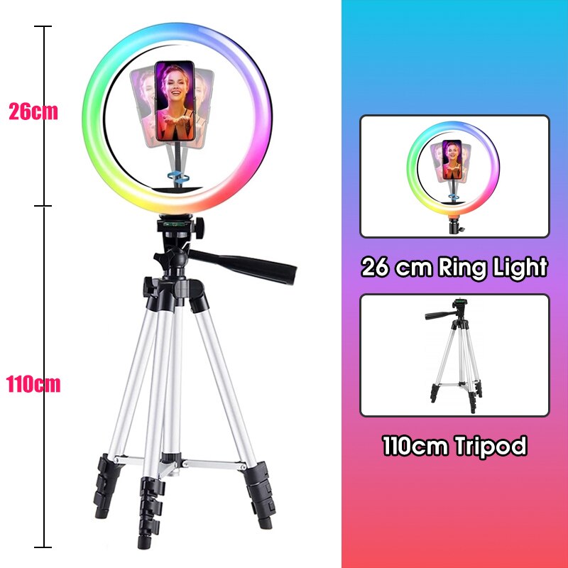 10 Inch RGB LED Ring Light - Dimmable Camera Lamp with Tripod Stand for Photo Video Studio: Light Gray