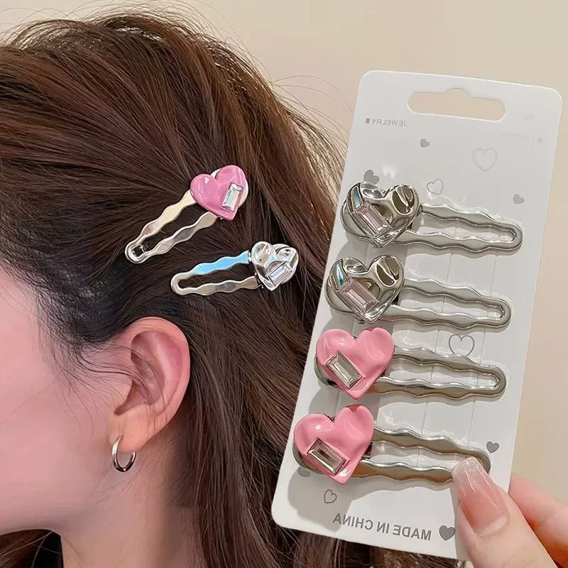 Ins Metal Love Rhinestone Hair Clips Women's Hairpin Sweet Cool Bangs Side Duckbill Clip Hair Barrettes Korean Girls Headwear