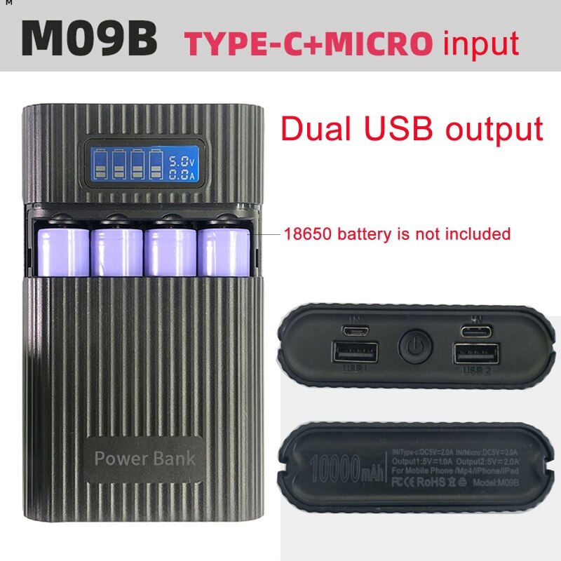 18650 Battery Charger Dual USB Output Anti-Reverse 18650 Battery DIY Power Bank Box with LCD Display LED Light Lamp