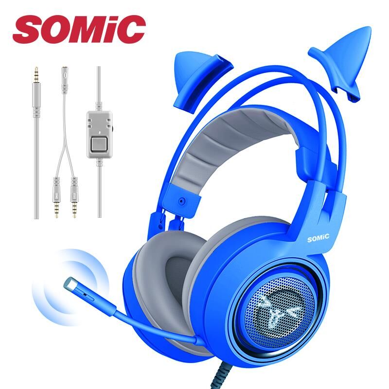Somic G952s Blue Gaming Headset Lovely 3.5mm Wired Earphone Bass Vibration Noise Cancelling Headphones for PC Gamer with Mic