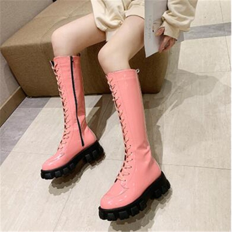 Herfst Night Club Hoge Hakken Schoenen Vrouwen Kniehoge Laarzen Lakleer Platform Laarzen Winter Lange Motorlaarzen Vrouw zwart