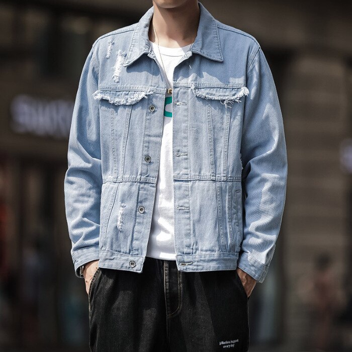 Mannen Met Gaten Denim Jas Jeugd Lente Seizoen Trend Knappe Veelzijdige Casual Loose-Fit Denim Jas