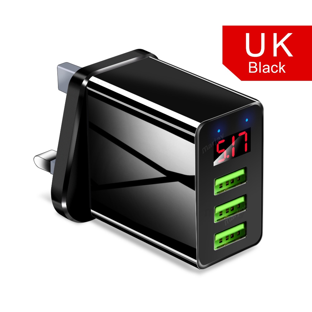 Marjay 3 Ports USB Charger EU US Plug LED Display 3.1A Fast Charging Smart Mobile Phone Charger For iphone Samsung Xiaomi Tablet: Black UK