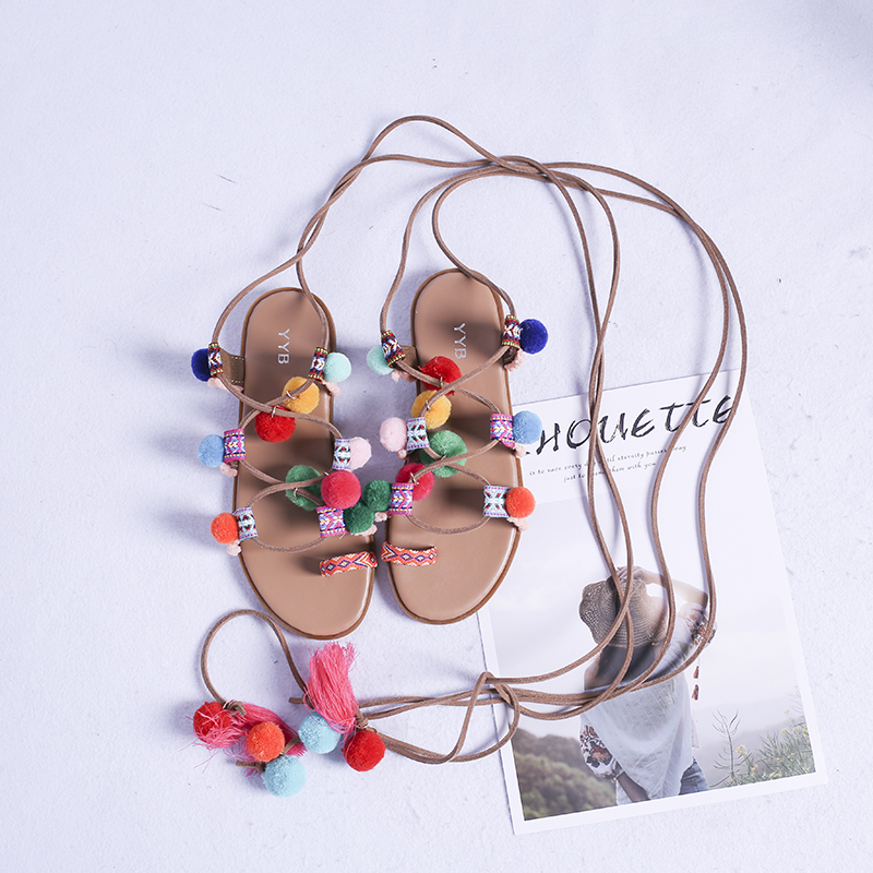 Summer Bohemian Lace-up Sandals Women Style Sweet Colour Fuzzy Ball Flat Cross-tied Shoes Mixed Colors Ankle-strap Sandals