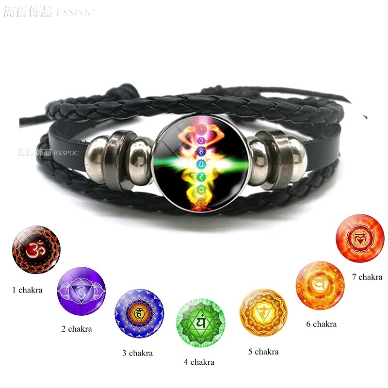 7 Chakra Kralen Armband Meditatie Glas Cabochon Zwart Lederen Armband Indian Sieraden Voor Vrouwen Mannen