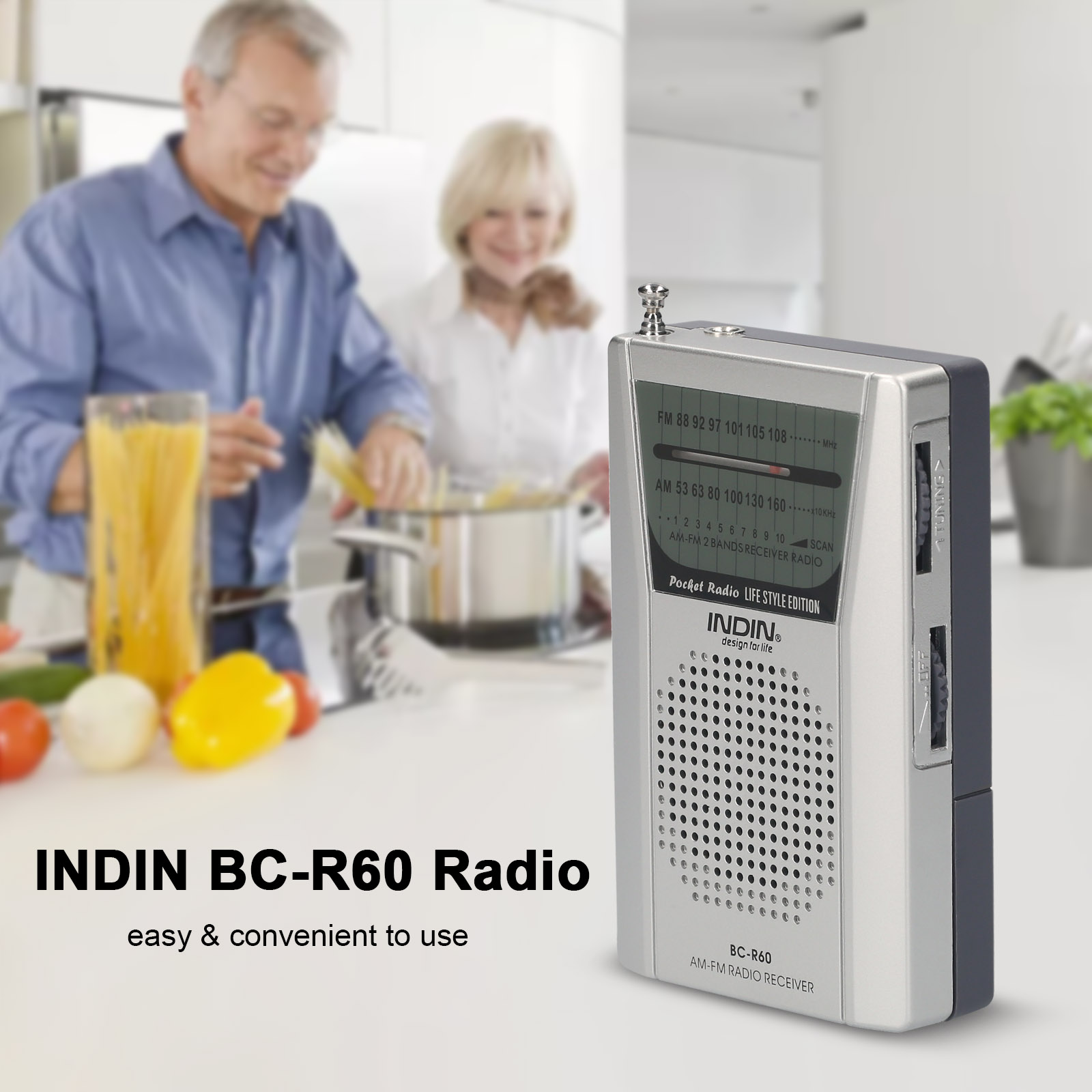 INDIN BC-R60 AM FM Portable Pocket Radio Telescopic Antenna Mini Radio Music Player Built-in Speaker for House & Outdoor