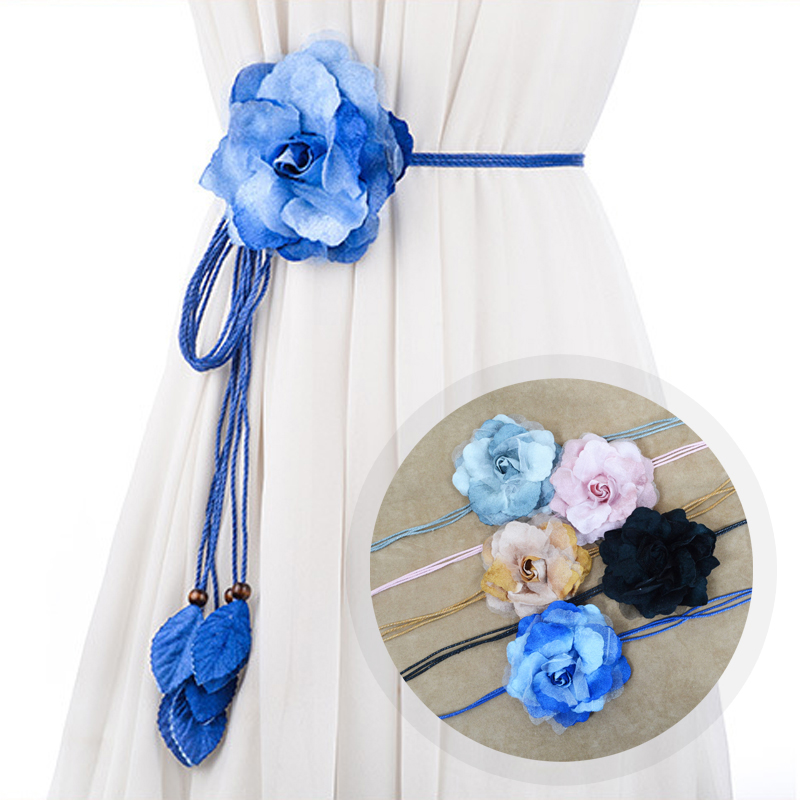 Ceinture longue en mousseline de soie pour femmes, avec pompon décoratif, grande fleur, fine, coréenne, nouée