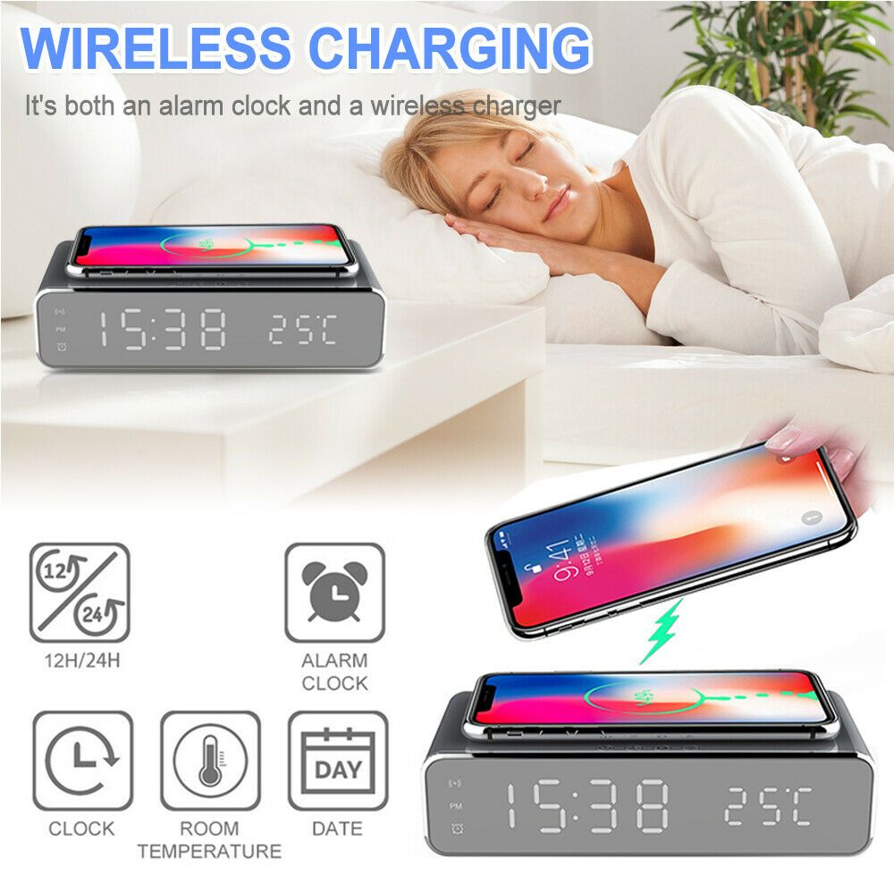Electric LED Alarm Clock With Phone Wireless Charger Desktop Digital Thermometer Clock HD Mirror Clock With Date 12/24 H Switch