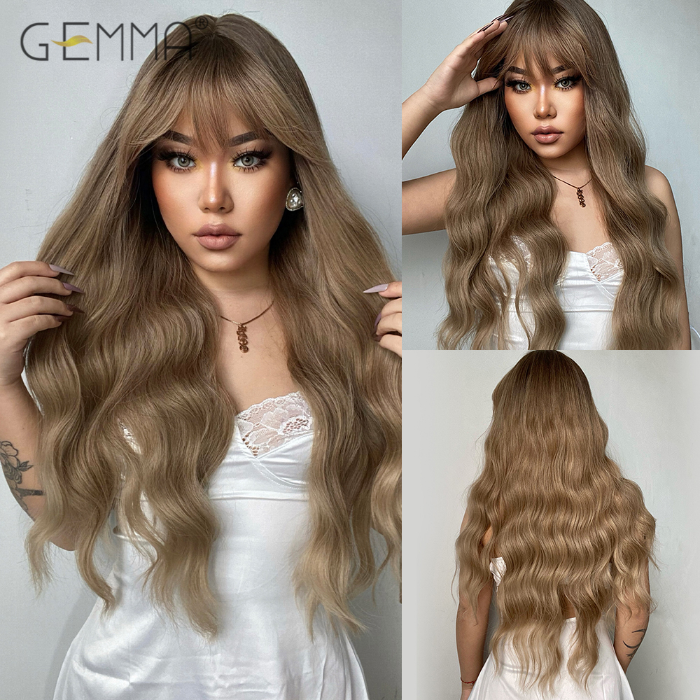 GEMMA Dark Brown Long Curly Synthetic Wig Deep Wave Cosplay Hair Wigs with Wavy Bangs for Women Daily Party Heat Resistant Fibre: P1B/27
