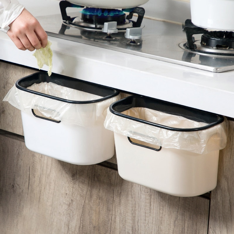 Cubo de basura de pared para cocina, colgador para puerta de armario pequeño para el hogar, papelera de plástico para Baño