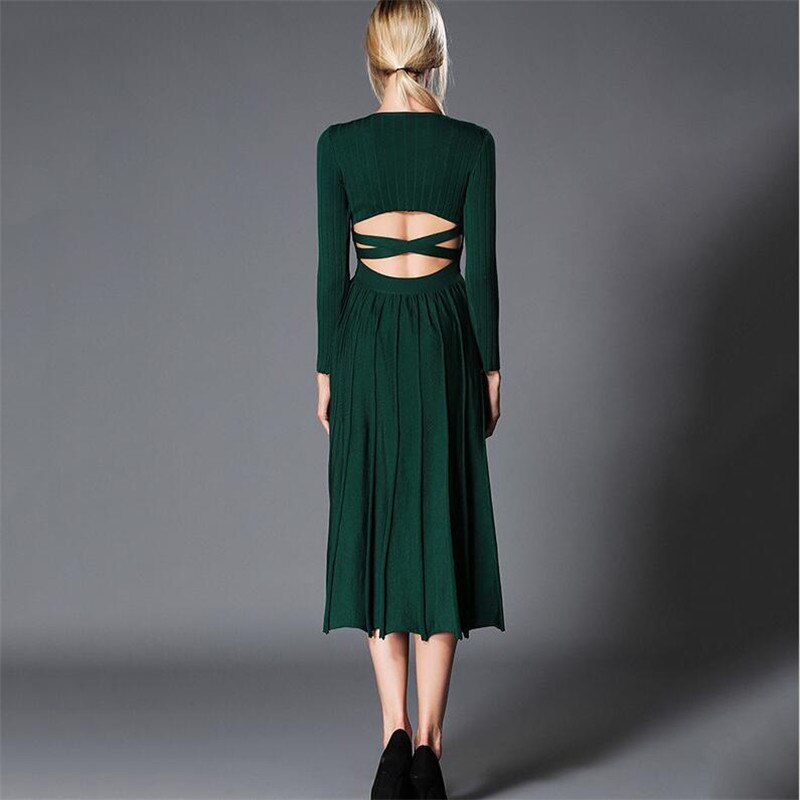 Women Autumn Spring Vintage Backless Bow Dress Long Sleeves Sliming Dress Women Pleated Tunic Vestidos Knitted Dresses