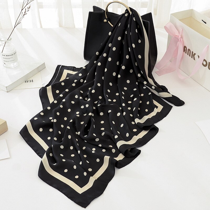 Mode Blauwe Stippen Vrouwen Sjaal Grote Zijde Gevoel Sjaal Sjaal Foulard Print Vierkante Kop Sjaals Wraps: SIZE 90CM BLACK
