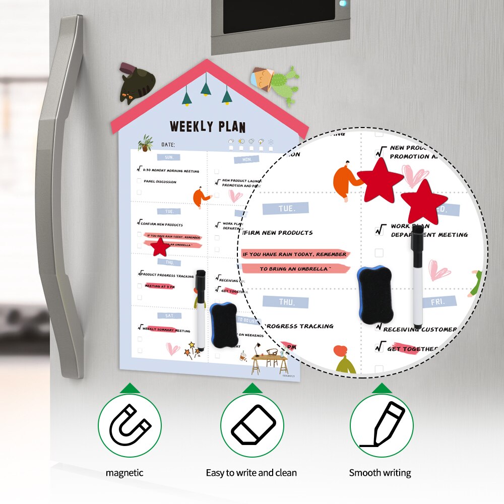 Magnetic Monthly Weekly Daily Planner Calendar WhiteBoard for fridge Grocery List Chore Chart To do list Reminder Message Board