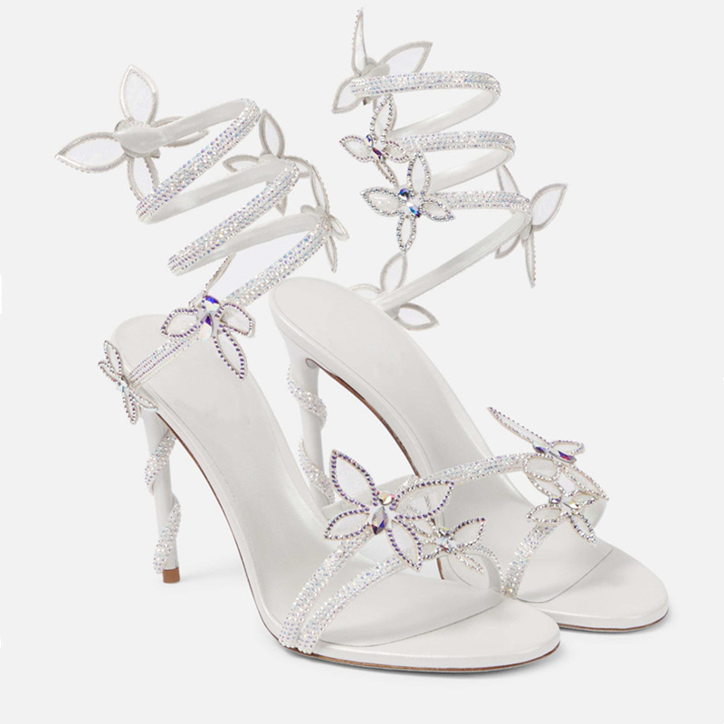 Sandalias de lujo con adornos de cristal y detalle de mariposa para mujer, sandalias de gladiador de tacón alto fino con correa en espiral, zapatos de de verano: Beige / 41
