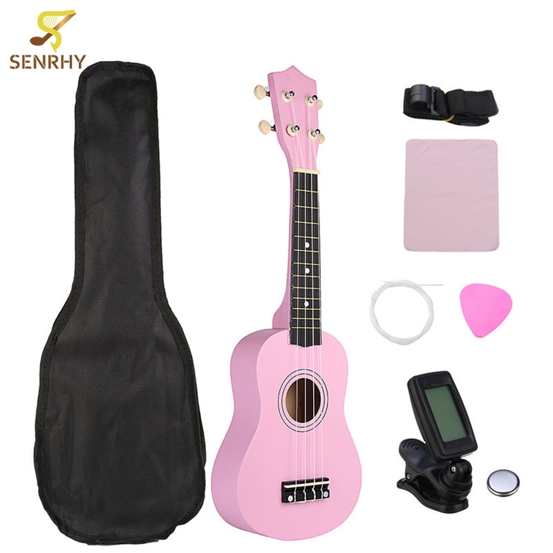 21 "rosa Basswood Soprano Ukulele Havaí Uke Guitarra Baixo Guitarra Instrumentos Musicais Set Kits + Tuner + Cordas + cinta + Caso