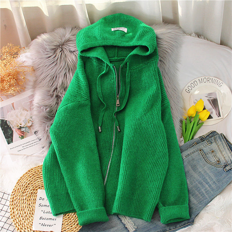 2025 primavera nova moda temperamento grosso cor sólida com capuz malha cardigan casaco com zíper camisola feminina solta topo grosso roupas femininas: M / Verde
