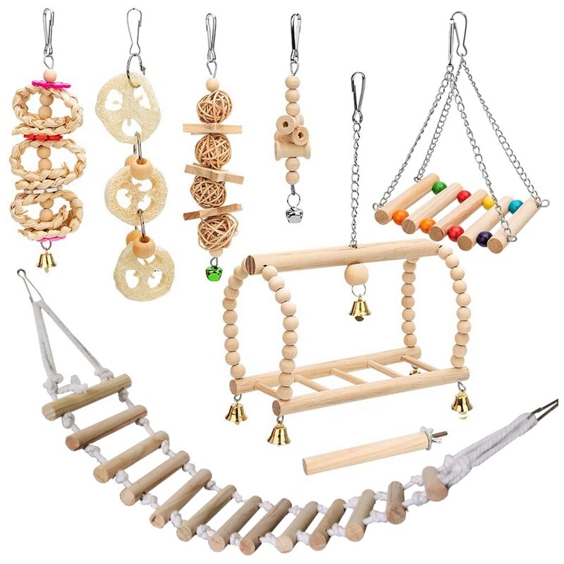 Prácticas 8 paquetes pájaro loro columpio juguete colgante, timbre de madera Natural jaula de pájaro Juguetes Para loros, periquitos, cacatúa, periquito